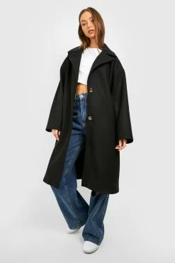 Buy ✨ Belt Detail Wool Look ???? Coat Black ❤️