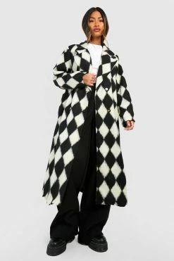 Wholesale ???? Diamond Checkerboard Wool Look ???? Coat Black ????