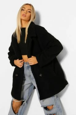 Cheapest ✨ Double Breasted Faux Teddy Fur ???? Coat Black ✔️