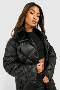 Best deal ???? Faux Fur Collar Diamond Quilt Puffer Black ????