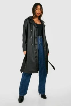 Best Sale ???? Faux Leather Trench ???? Coat Black ????