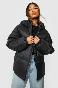 Best reviews of ???? Hooded Quilt Detail Puffer Jacket Black ✔️