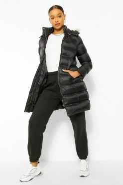 Outlet ???? Longline Padded Faux Fur Hooded Jacket Black ????