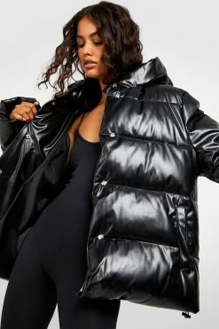Outlet ???? Oversized Faux Leather Puffer Jacket Black ????