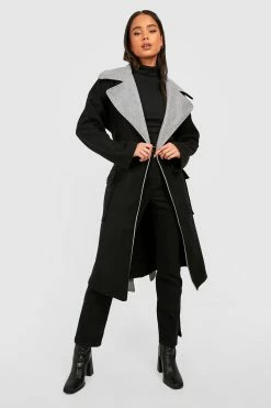 Discount ???? Petite Contrast Belted Wool Look ???? Coat Black ✔️