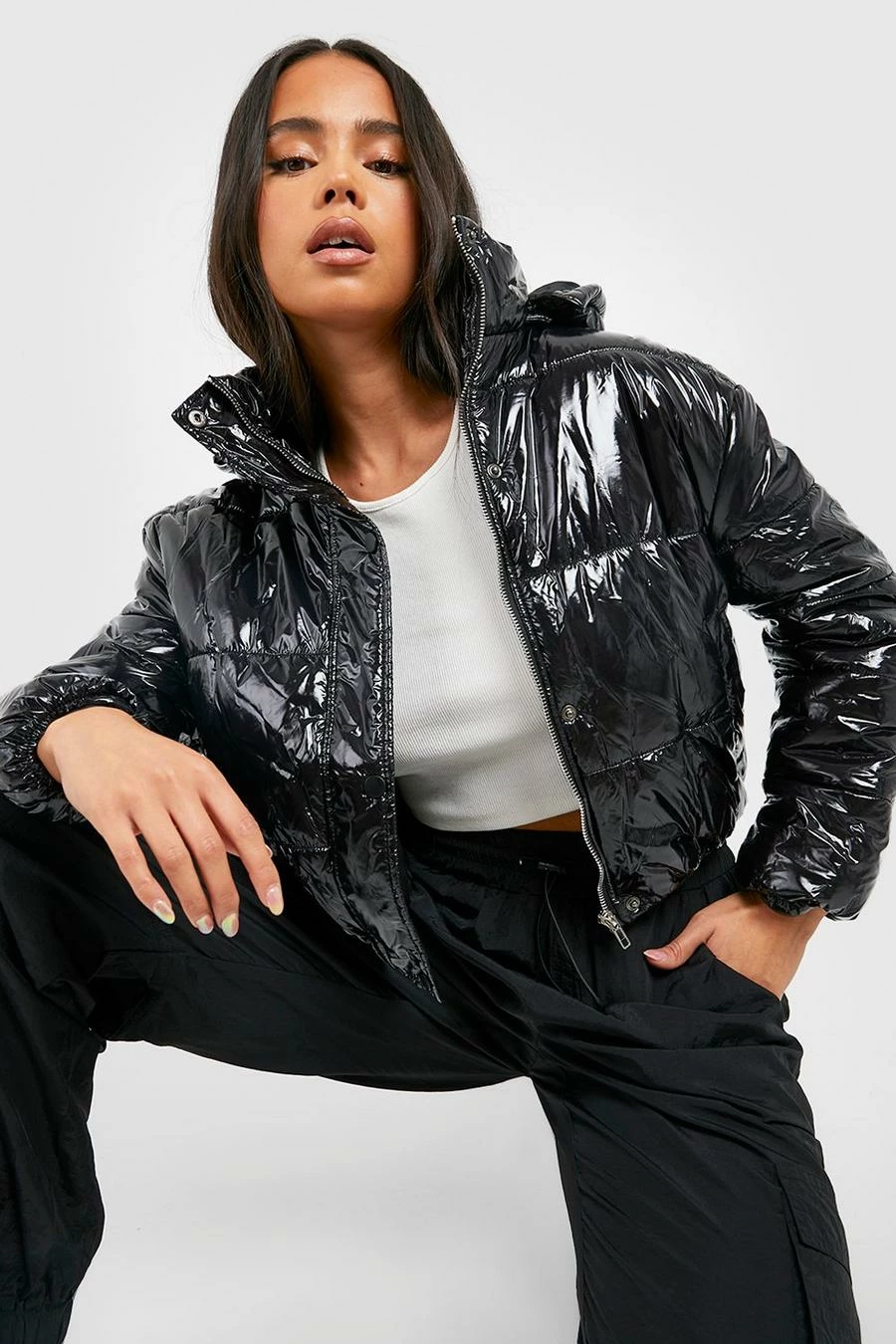 Cheapest ???? Petite Hooded Crop High Shine ???? Coat Black ✔️ 1 Cheapest ???? Petite Hooded Crop High Shine ???? Coat Black ✔️