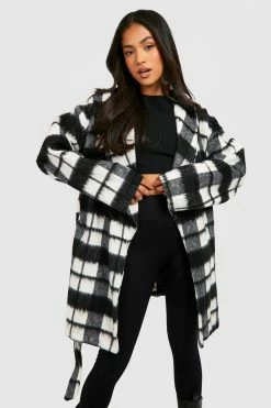 Best Pirce ???? Petite Mono Brushed Check Belted ???? Coat Black ????