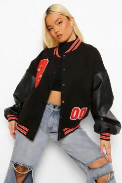 Wholesale ✔️ Petite Pu Sleeve Oversized Varsity Jacket Black ????
