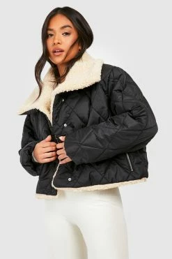 Hot Sale ???? Petite Teddy Trim Quilted Puffer Jacket Black ????