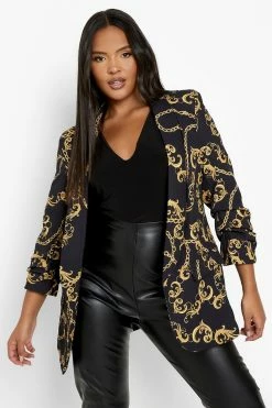 Hot Sale ❤️ Plus Chain Print Ruched Sleeve Blazer Black ✔️