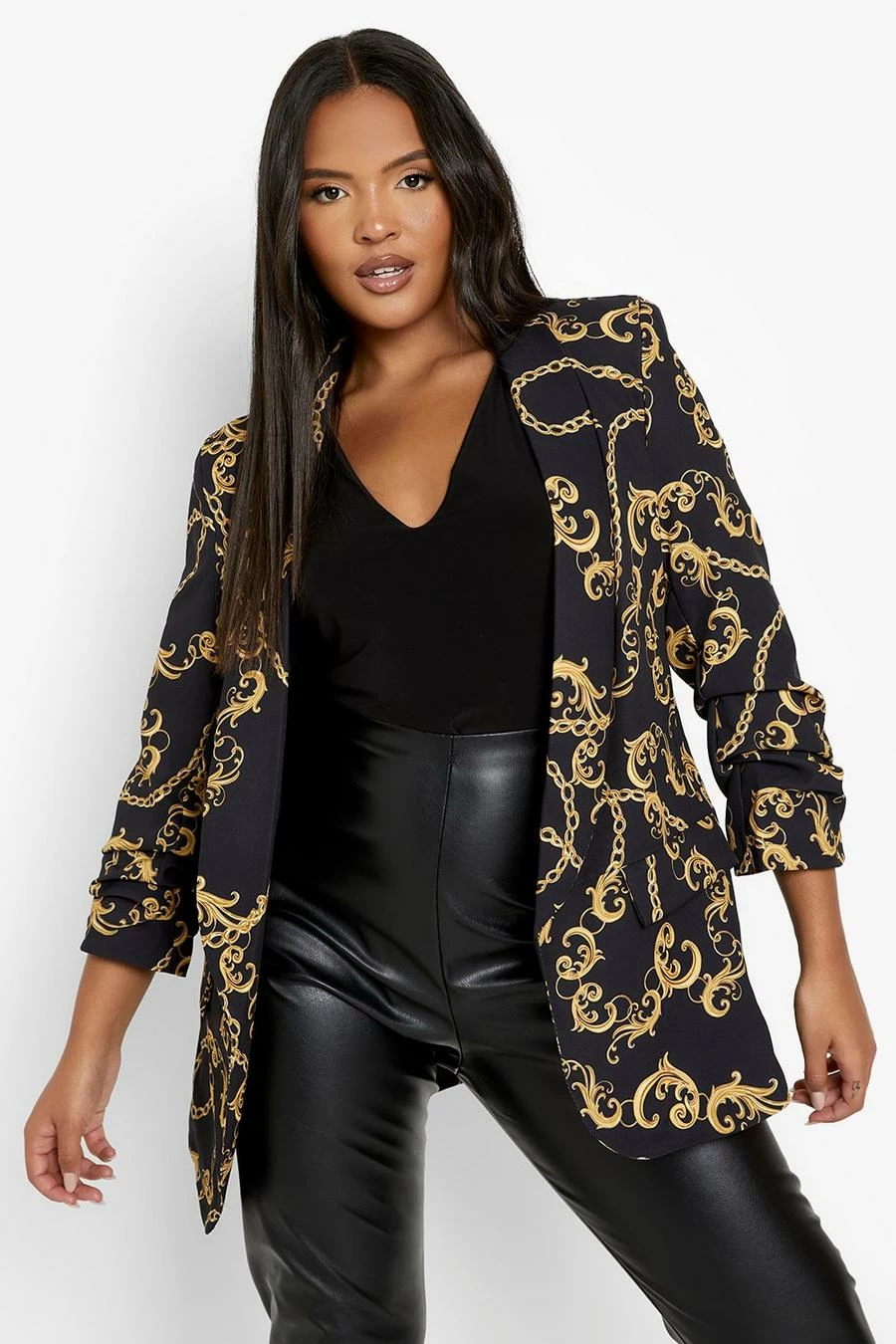 Hot Sale ❤️ Plus Chain Print Ruched Sleeve Blazer Black ✔️ 1 Hot Sale ❤️ Plus Chain Print Ruched Sleeve Blazer Black ✔️