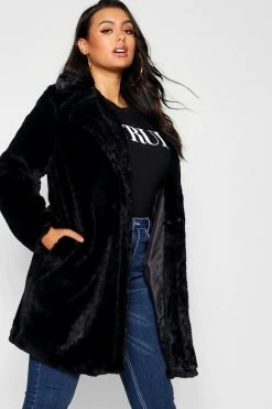 Wholesale ⌛ Plus Collar Detail Faux Fur ???? Coat Black ????
