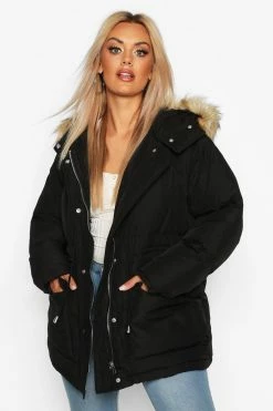 Outlet ???? Plus Faux Fur Hooded Drawstring Puffer Parka ???? Coat Black ????