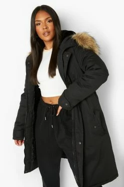 Flash Sale ⌛ Plus Faux Fur Trim Parka ???? Coat Black ????