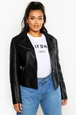 Promo ✔️ Plus Faux Leather Quilted Moto Jacket Black ????
