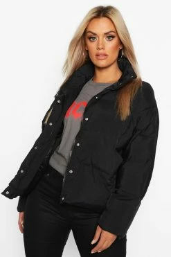 Coupon ???? Plus Funnel Neck Cropped Puffer Jacket Black ????