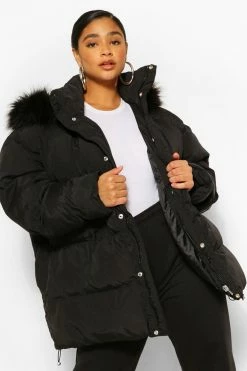 Flash Sale ❤️ Plus Padded Puffer ???? Coat With Faux Fur Hood Black ⭐