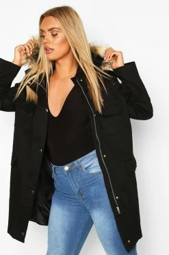 Budget ???? Plus Pocket Faux Fur Trim Hooded Parka ???? Coat Black ????