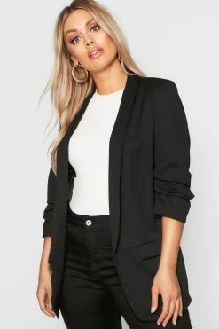 Hot Sale ???? Plus Ruched Sleeve Lapel Detail Blazer Black ????