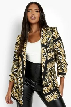 Flash Sale ???? Plus Zebra Chain Print Ruched Sleeve Blazer Black ????