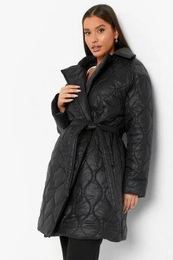 Deals ???? Quilted Collar Belted Puffer Jacket Black ????