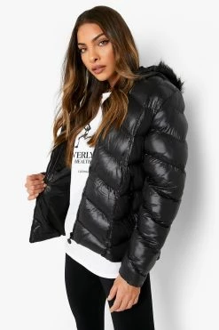 Wholesale ???? Quilted Faux Fur Trim Puffer Black ⌛