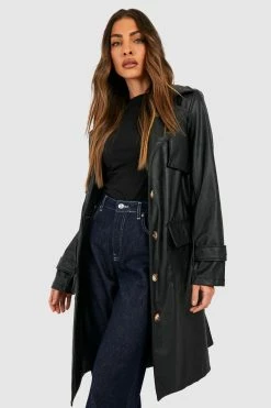 Cheap ???? Short Faux Leather Trench ???? Coat Black ????