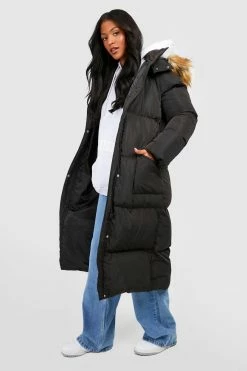 Best Pirce ❤️ Tall Faux Fur Hood Longline Padded ???? Coat Black ????