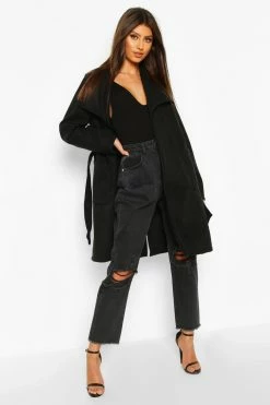 Outlet ???? Wide Collar Belted Wool Look ???? Coat Black ????