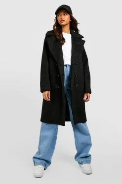 Flash Sale ???? Wool Look Textured Double Breasted ???? Coat Black ????