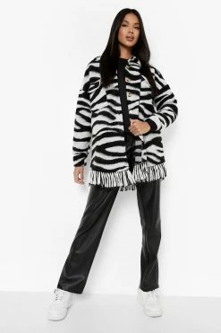 Discount ???? Zebra Tassel Detail Wool Look Shacket Black ⌛