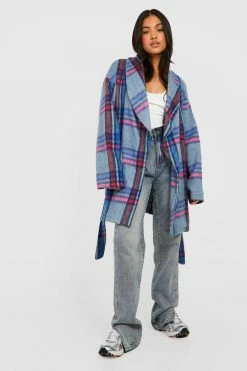 Buy ⌛ Petite Bright Brushed Check Belted ???? Coat Blue ????