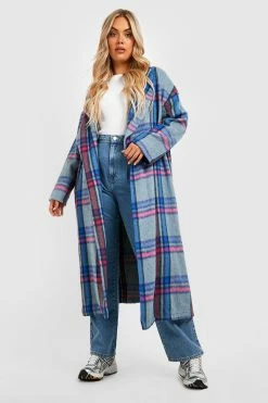 Wholesale ???? Plus Brushed Check Longline Wool Look ???? Coat Blue ????