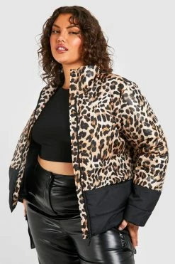 Deals ???? Plus Leopard Color Block Puffer Brown ????