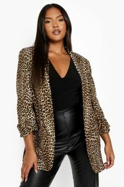 Buy ???? Plus Leopard Ruched Sleeve Blazer Brown ❤️