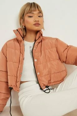 Coupon ✔️ Funnel Neck Puffer Jacket Camel ????