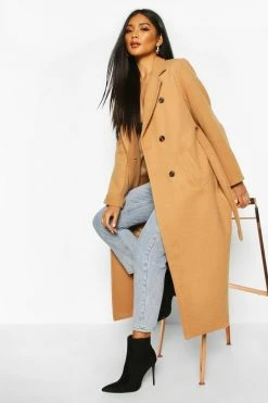 Outlet ???? Longline Double Breasted Belted Wool Look ???? Coat Camel ????