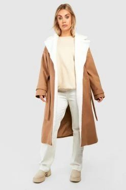 Outlet ⌛ Plus Teddy Trim Wool Duster ???? Coat Camel ????