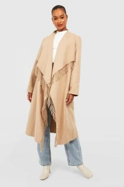 Outlet ???? Tall Fringe Edge Waterfall Wool Look ???? Coat Camel ????