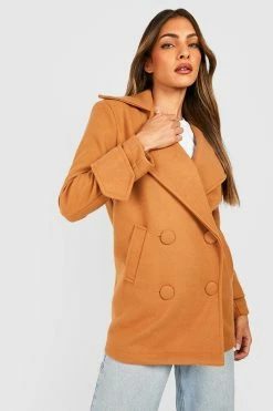 Best Sale ⌛ Wool Look Button Detail Pea ???? Coat Camel ????