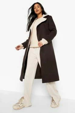 Budget ❤️ Contrast Collar Belted Wool Look ???? Coat Chocolate ⌛