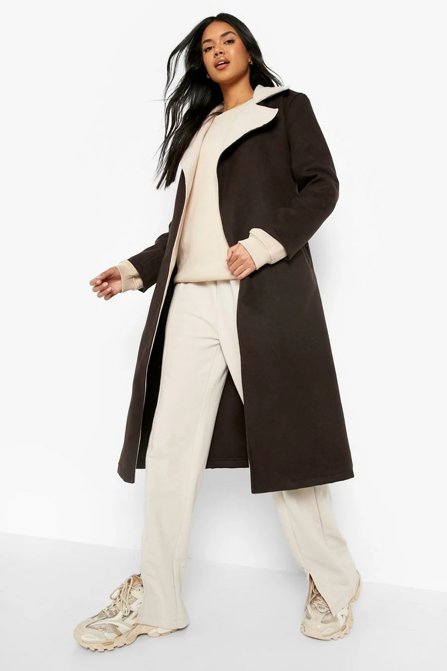 Budget ❤️ Contrast Collar Belted Wool Look ???? Coat Chocolate ⌛ 1 Budget ❤️ Contrast Collar Belted Wool Look ???? Coat Chocolate ⌛