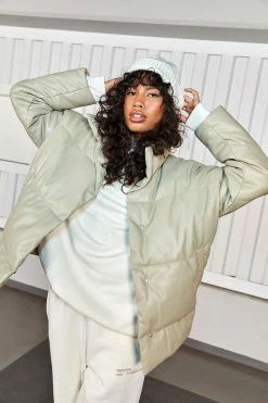 Best deal ⌛ Faux Leather Oversized Puffer Jacket Cream ????