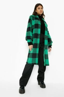 Discount ???? Check Puff Sleeve Wool Look ???? Coat Green ????