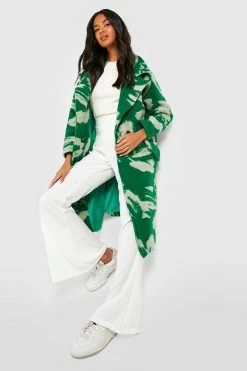 Budget ❤️ Oversized Abstract Print Wool Look ???? Coat Green ????