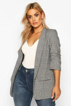 Wholesale ⭐ Plus Ruched ???? Dogtooth Prince Of Wales Check Blazer Grey ????