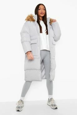 Wholesale ???? Tall Faux Fur Trim Longline Puffer Jacket Grey ❤️