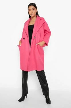 Cheap ???? Oversized Pocket Detail Wool Look ???? Coat Hot Pink ????