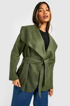 New ???? Belted Short Shawl Collar ???? Coat Khaki ????