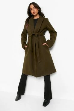 Buy ???? Belted Wool Look Robe ???? Coat Khaki ????